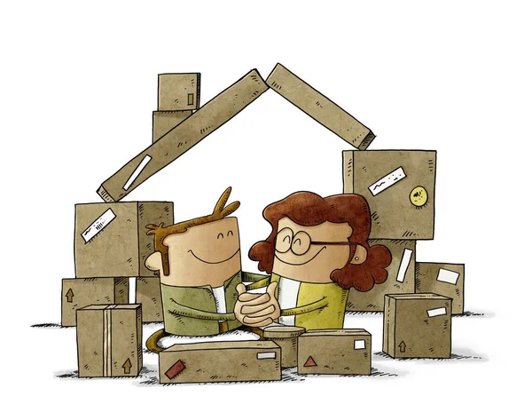 Illustration Couple Love Some Cardboard Boxes Form Shape House Home — Stock Photo, Image