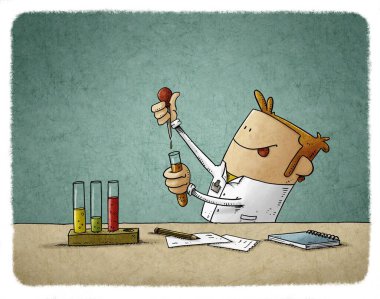 Bilim adamının çizimi, test tüplerinde sıvıları karıştırırken bir şey keşfetmek için çabalıyor..