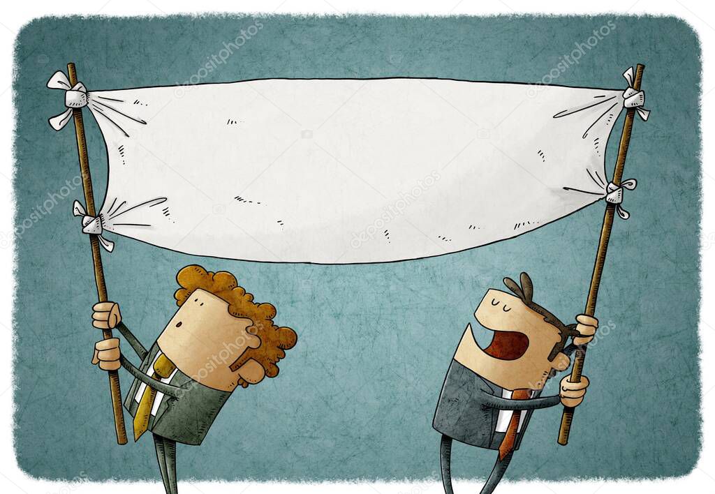 illustration of two men hold a blank banner while moving it. claim concept