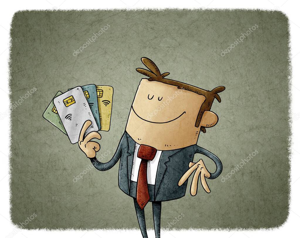 illustration of happy businessman holds some chip credit cards in his hand