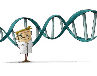 Koruyucu gözlüklü bilim adamının resmi ayakta ve arkasında büyük bir DNA zinciri var. izole