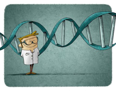 Koruyucu gözlüklü bilim adamının resmi duruyor ve arkasında büyük bir DNA zinciri var.