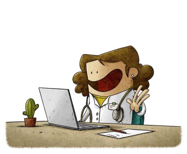 Bilgisayarın önünde hastalarıyla ilgilenen bir doktorun çizimi. izole