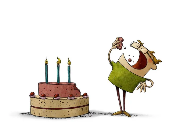 一个小男孩坐在生日蛋糕旁边的例子撕下一块 正在吃着它 孤立的 图库图片