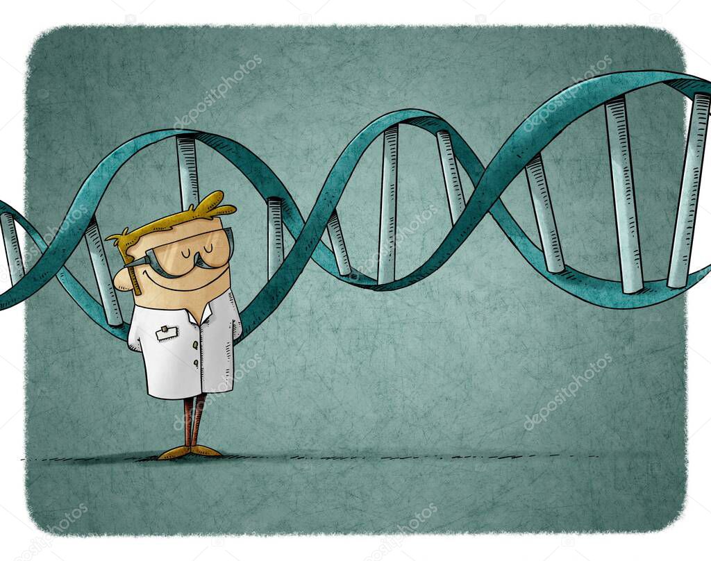 illustration of scientist in protective glasses is standing and behind him is a large DNA chain