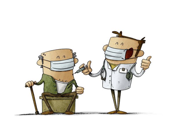 illustration of happy doctor is giving a vaccine to an old man who is sitting. Covid-19 vaccination campaign concept. isolated