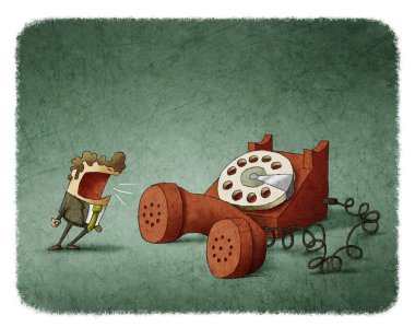 shouting at a big phone