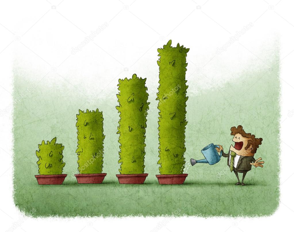 Businessman watering Bar graph plants