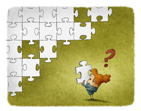 illustration of a Woman confused with a piece of puzzle