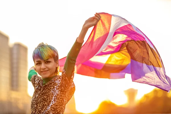 Portrait Happy Non Binary People Waving Gender Fluid Flag Stok Gambar Bebas Royalti