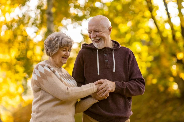 Feliz Pareja Ancianos Pasando Tiempo Juntos Hermoso Parque Ciudad Otoño — Foto de Stock