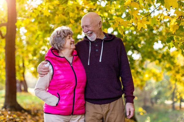 Glad Senior Par Tillbringa Tid Tillsammans Vacker Stadspark Hösten — Stockfoto