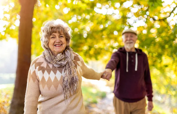 Feliz Pareja Ancianos Pasando Tiempo Juntos Hermoso Parque Ciudad Otoño — Foto de Stock