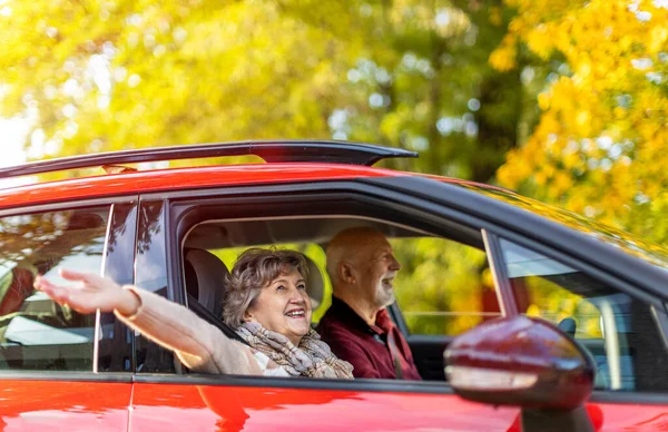 Felice Coppia Anziani Che Viaggiano Auto — Foto Stock