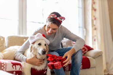 Genç çocuk ve köpeği Noel 'i evde birlikte kutluyorlar. 