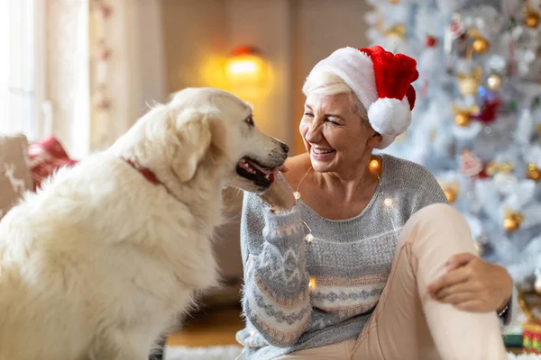 Vrouw Haar Hond Genieten Samen Van Kerstmis Thuis — Stockfoto