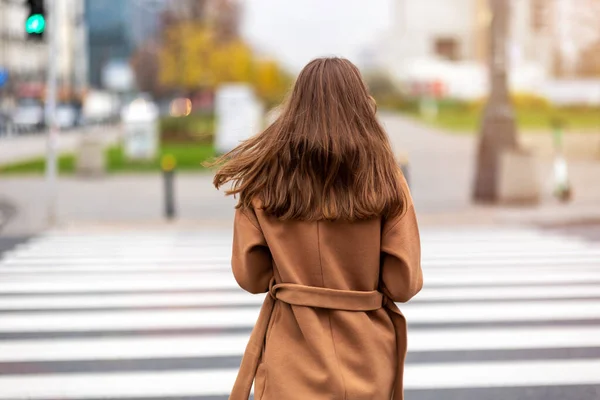 Vista Posteriore Una Giovane Donna Che Attraversa Una Strada — Foto Stock