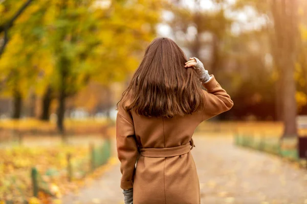 秋の公園での若い女性の後ろ姿 — ストック写真