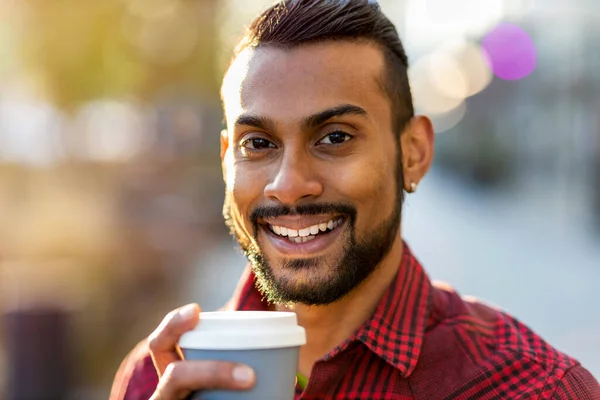 Handsome Young Young Man Drinking Coffee Street — Stock Photo, Image