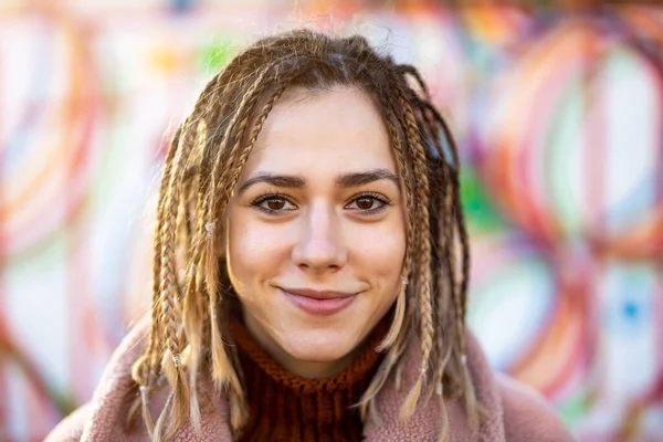 Playful Young Woman Braided Hair Outdoors — Stock Photo, Image