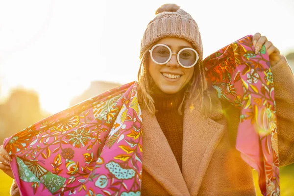 Portrait Young Woman Wearing Knit Hat Colorful Scarf Sunglasses Winter — Stock Fotó