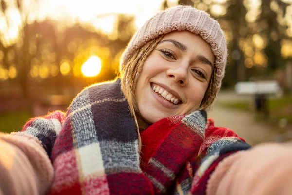 Self Portrait Playful Young Woman Outdoors Stock Kép