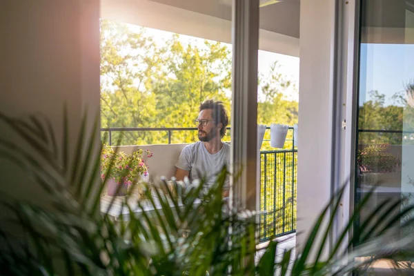 Man Drinking Coffee Balcony His Apartment Stock Picture
