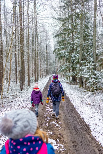 Madre Bambini Che Godono Una Passeggiata Nel Bosco Insieme Inverno — Foto Stock