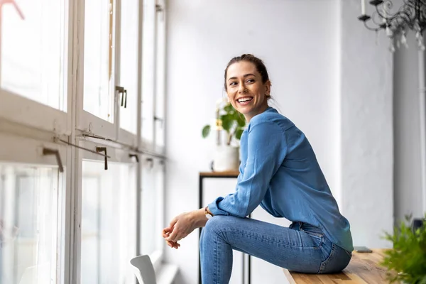 Portrait Smiling Creative Woman Modern Loft Space Stock Image