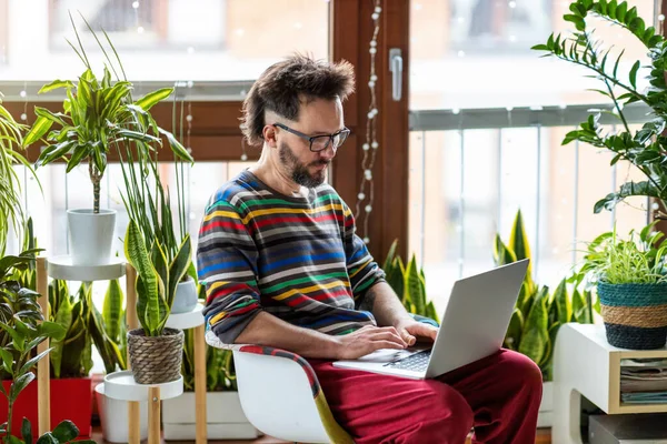 Young Man Working Home Laptop Surrounded Houseplants — Stock Photo, Image