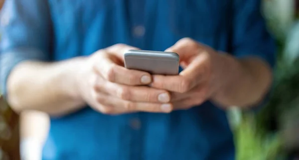 Male Hands Typing Smartphone Stock Picture