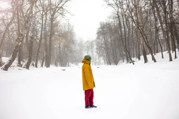 Uomo Piedi Attraverso Una Foresta Invernale Meraviglie Durante Una Tempesta Foto Stock