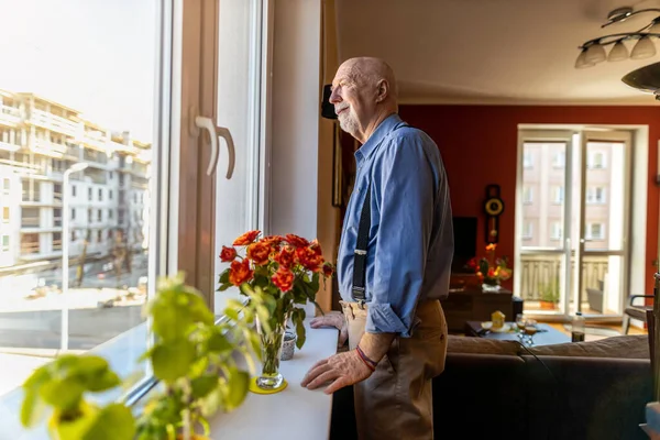 Senior Man Looking Window Home — Stock Photo, Image
