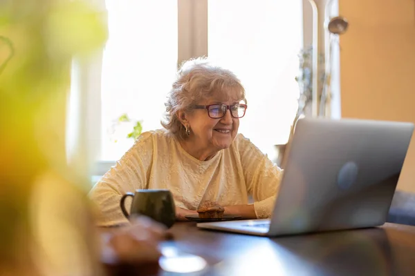 Mulher Sênior Feliz Usando Laptop Casa — Fotografia de Stock