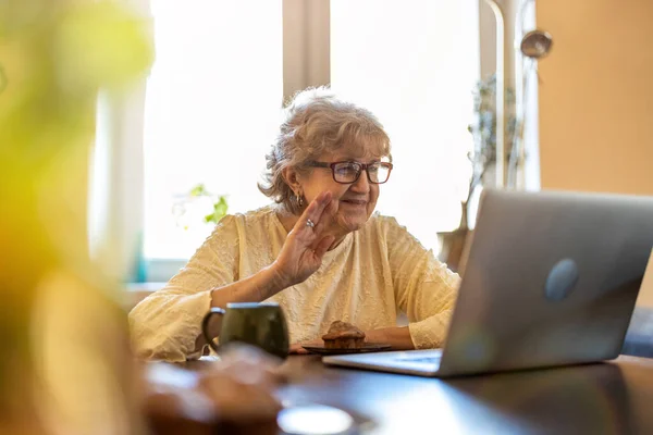 Mulher Sênior Feliz Usando Laptop Casa — Fotografia de Stock