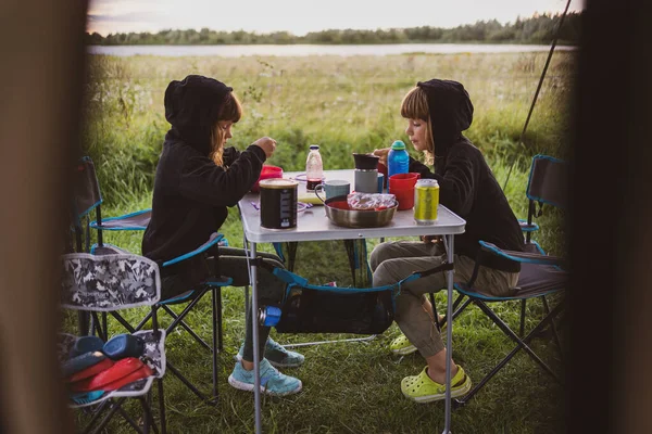 Children Eating Front Tent Campsite — Stock Photo, Image