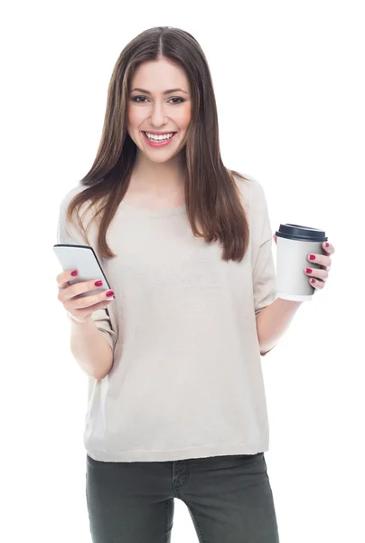 Mujer con teléfono móvil y café — Foto de Stock