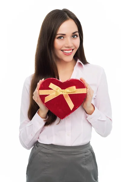 Smiling woman with present box — Stock Photo, Image