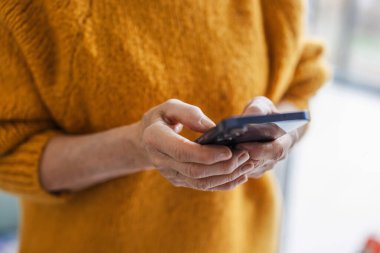 Üst düzey kadın evde akıllı telefon kullanma