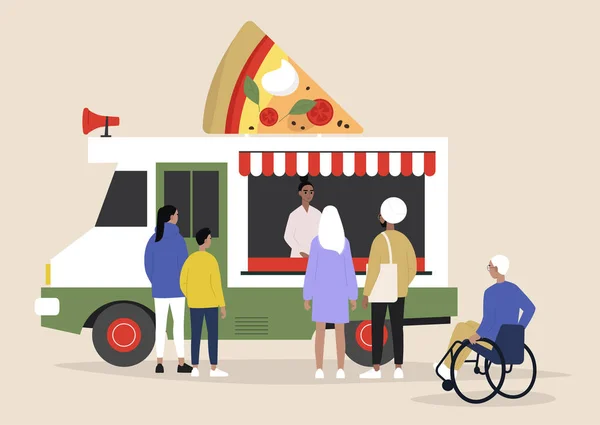 Een Italiaanse Pizza Food Truck Mensen Bestellen Wachten Hun Afhaalmaaltijden — Stockvector