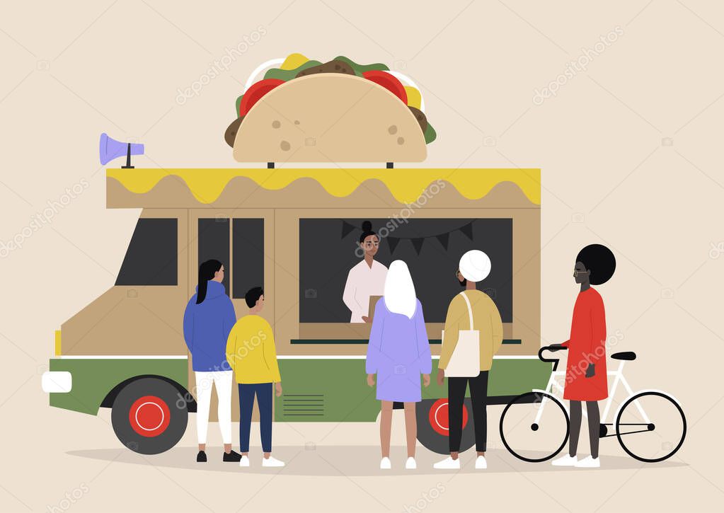 A Mexican tacos food truck, people ordering and waiting their takeaway food