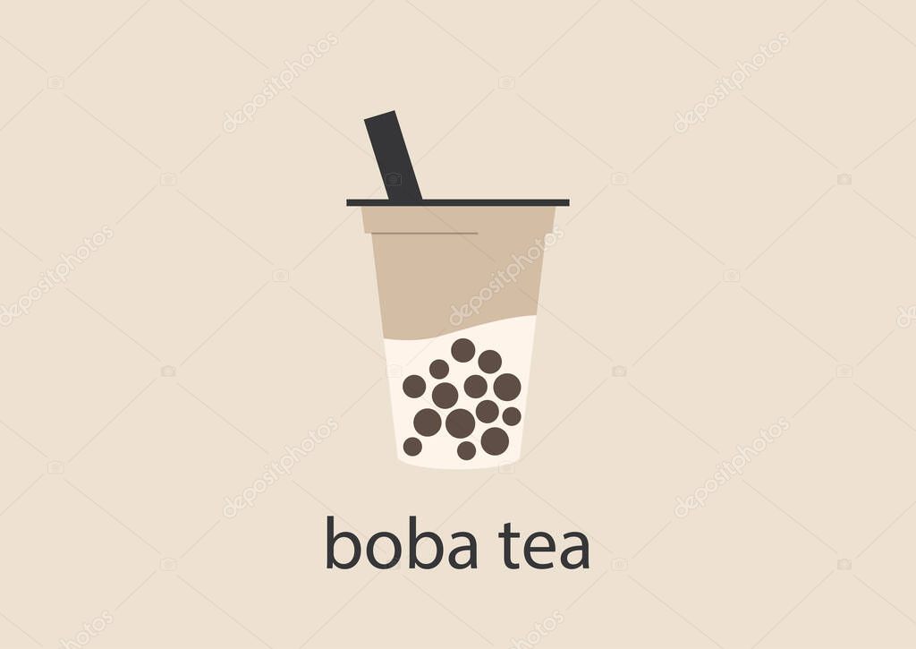 A plastic cup of boba tea with tapioca pearls and milk, a trendy asian drink