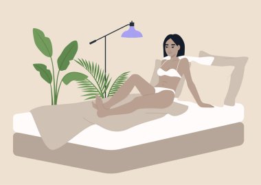 Young Asian lady wearing underwear in her bedroom, morning habits, waking up scene clipart
