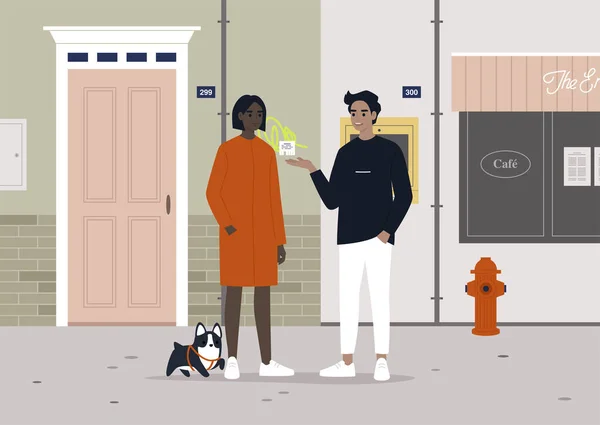 Dos Vecinos Charlando Calle Estilo Vida Urbano Personajes Adultos Jóvenes — Vector de stock