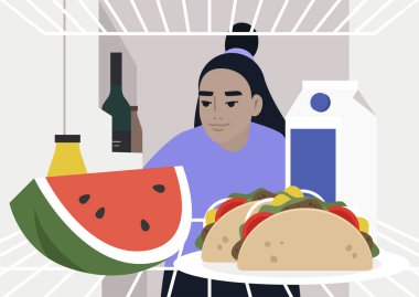 Genç, aç bir kadın karakter buzdolabına bakıyor, evde yemek yiyor, hayat tarzını kilit altına alıyor.