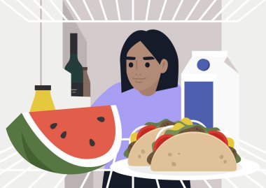 Genç, aç bir kadın karakter buzdolabına bakıyor, evde yemek yiyor, hayat tarzını kilit altına alıyor.