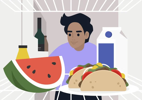 冷蔵庫を見ている若い空腹の男性のキャラクター 自宅で昼食 ロックダウンライフスタイル — ストックベクタ