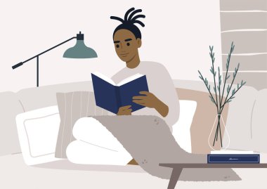 Kilitli ev aktiviteleri, rahat bir yerde kitap okuyan siyah bir erkek karakter, iyi alışkanlıklar.