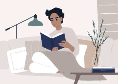 Kilitli ev aktiviteleri, kitap okuyan bir erkek karakter, iyi alışkanlıklar.