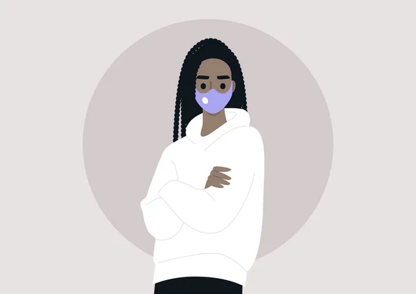 Eine Junge Weibliche Schwarze Figur Trägt Eine Maske Einen Pandemieschutz — Stockvektor